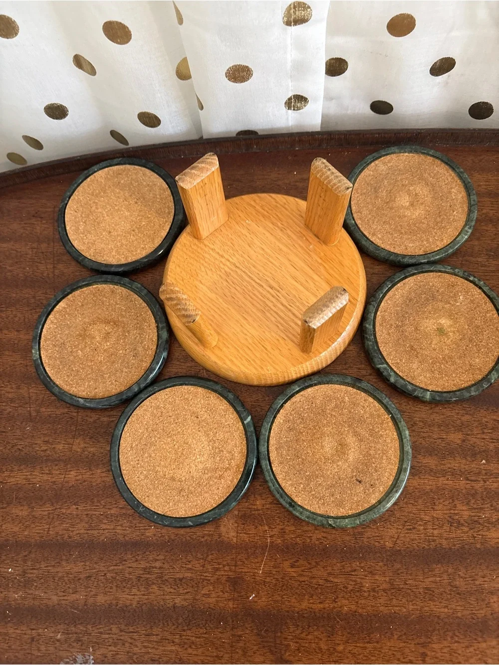 Vintage Himark Green Marble Stone Coaster Set with Wooden Holder